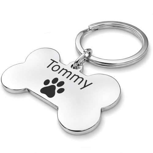 Hundemarke mit Gravur – ⌀30mm Robuster Hundeanhänger aus Edelstahl in Silber – Personalisierter Dog Tag mit Adresse auf der Rückseite (KNOCHEN SILBER)