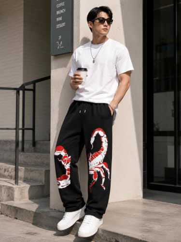 Image of Aesthetic Gothic Wide Leg Pants for Men | Tribal Print Baggy Streetwear | Oversized Track Pants with Elastic Waist | Black and White Relaxed Fit Bottoms