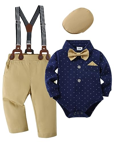 Image of DISAUR Baby Boy Clothes Suits 4PCS Gentleman Outfit Dress Romper Beret Hat Suspender Pants Bow Tie Wedding Set