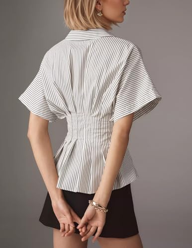 Womens Striped Shirts Button Down Short Sleeve Pleated Peplum Blouses Dressy Casual Lapel Tops Summer Business Shirt4