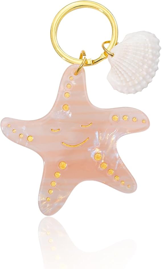 Ocean Starfish and Shell Keychain, Pink Pearl with Gold Accents