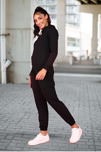 Image of POPWINGS Casual Self Design Solid Sweatshirt and Joggers Co-Ords Set for Women | Trendy Stylish Top and Bottom Set for Women | Women Hooded Sweatshirt and Joggers Set | Women Co Ords Set Summer Wear