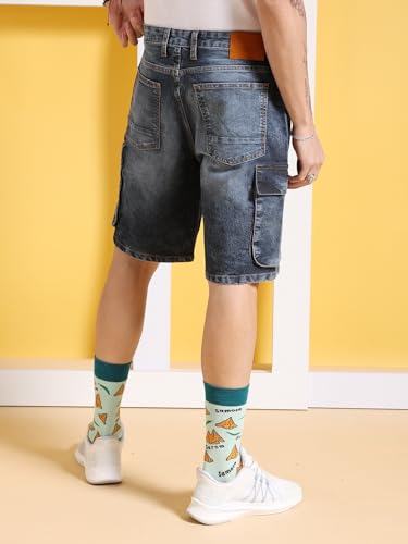 Image of The Indian Garage Co Men Relaxed Fit Solid Mid-Rise Denim Cargo Shorts