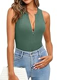 MISSJOY Bodysuit for Women Zipper Sexy Deep V Neck Tank Body suit Ribbed Slim Fit Top XL