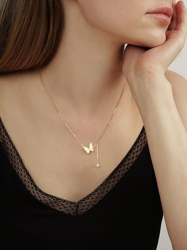 Mylinn 925 Gold-Plated Butterfly Necklace – Mother-of-Pearl Inlay with Delicate Zircon Accent Chain, Layered Design for Daily Elegance, Gold, 1.4cm×1.4cm2