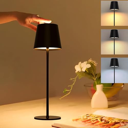 Lampada da Tavolo LED Senza Fili, Dimmerabile 2700K-6000K con 3 Temperature di Luce, Ricaricabile USB-C, Touch Control, Impermeabile IP54, Abat-Jour Moderna per Camera, Ufficio e Esterno, Nero
