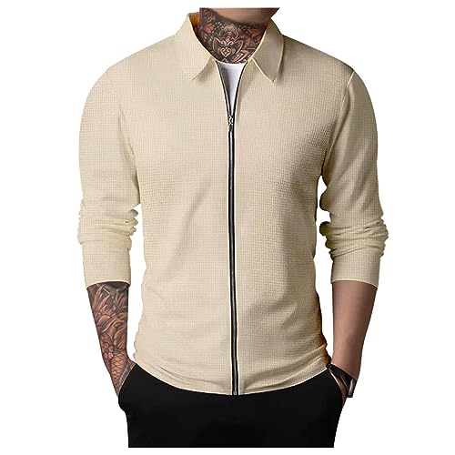 Mens Casual Cardigan Sweaters Laydown Collar Zipper Solid Color Long Sleeve Waffle Cardigan Sweater Jacket