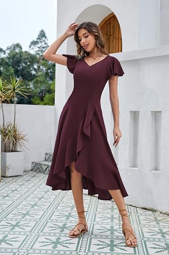 Image of HomRain V Neck Formal Wedding Guest Dresses for Women Ruffle Sleeves for Cocktail Graduation Modest Dress
