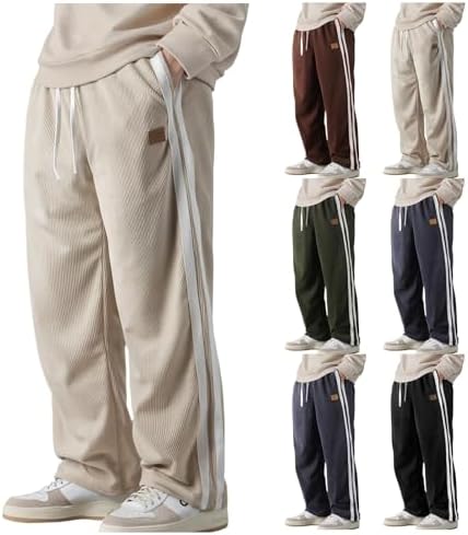 Corduroy Pants Men Side Stripes Wide Leg Sweatpants Athletic Uncuffed Sweatpants Fleece Lined Joggers Casual Sweat Pants