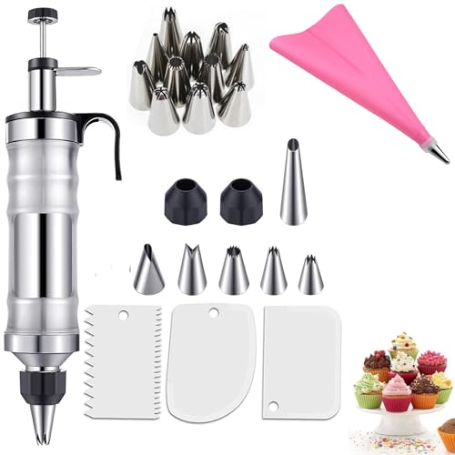 YCWF Dessert Cake Decorating Tools kit,Stainless Steel Frosting Piping Kit with 19 Icing Nozzles,3 Cream Scrapers,3 Nozzle Brush and 1 Reusable Pastry Bags,cupcake decorating kit