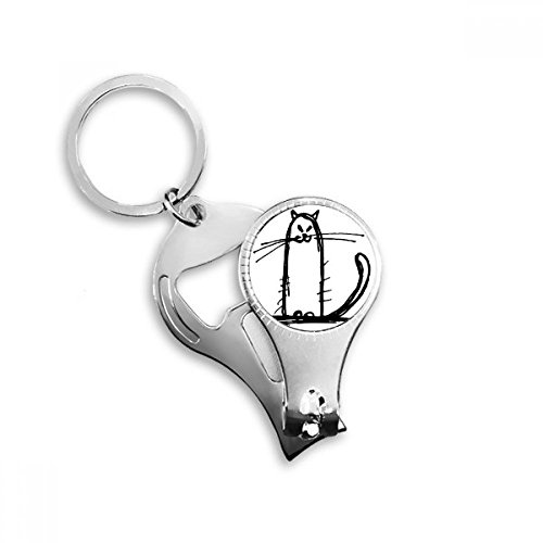Small Cat Smile Sit Black Line Nail Nipper Ring Key Chain Bottle Opener Clipper