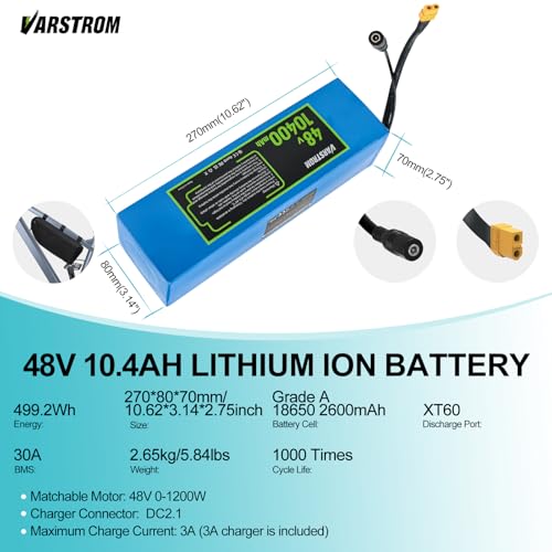 48V 10.4Ah Lithium-Ion Battery - Universal Power Pack for Ele-c-tric Bike, Scooter, Motorcycle, Tricycle, Compatible with 0-1200W Motor, 1000W 750W 500W 250W E-b-ike Conversion Kit - Image 3