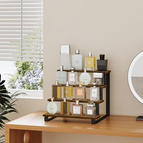 Image of YINMIT Wooden Display Riser Stand,15.75 Inch Tiered Perfume and Cologne Organizer Stand, 4 Tier Spice Rack Organizer, Rustic Display Shelf for Cupcake, Figures, Candles (4 Tier Brown, 15.75 In)