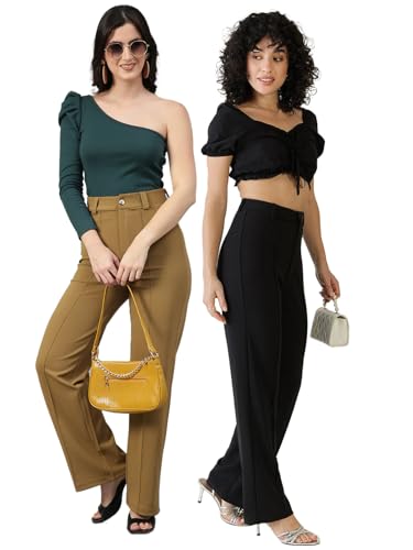 Image of KOTTY Women's Formal Wear Pant Combo Pack of 2 High Waist Straight Fit Office Wears Trousers For Women