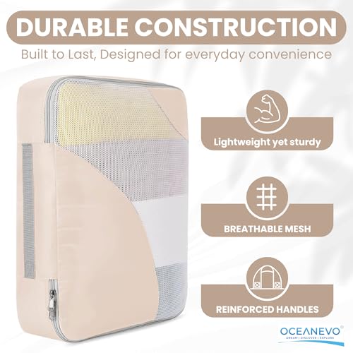 Image of OCEANEVO Set of 10 Pcs Packing Cubes for Travel | Includes Luggage Tag and Toothbrush Holder | Suitcase Organizer for Travelling for Clothes, Shoes and Lingerie | Model 3.0 - Beige - 1 Year Warranty