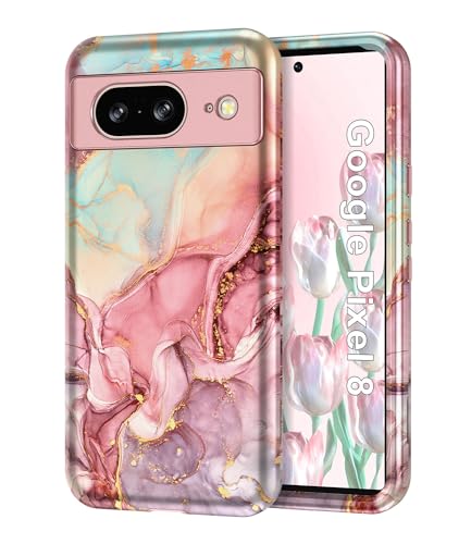 Btscase for Google Pixel 8 Case (2023), Stylish Pattern 3 in 1 Heavy Duty Shockproof Full Body Rugged Hard PC+TPU Bumper Drop Protective Women Girl Glossy Cover, Rose Gold
