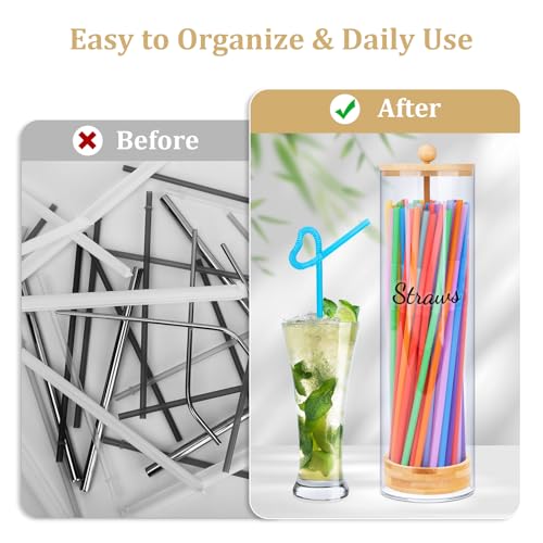 Acrylic Straw Holder 100 Pcs Colored Straws Includ, 13 Inch Clear Drinking Straw Organizer Container with Bamboo Lid & Sticker for Plastic Straws, Straw Organizer for Kitchen