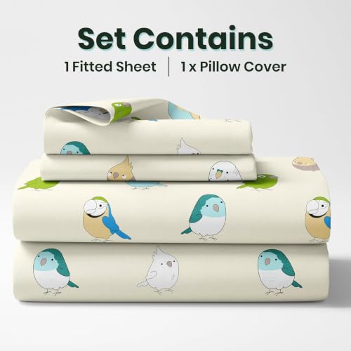 Image of LORETO - A QUALITY LINEN BRAND 186 TC 100% Pure Cotton Single Fitted Bedsheet with 1 Pillow Cover for 78 x 36 Inch Mattress, All-Around Elastic, 8 Inch Deep Pocket, Multicolor Birds