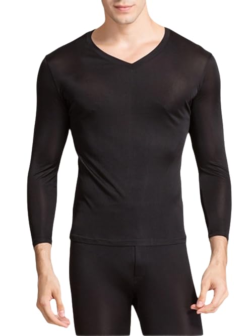 Men Silk Long Johns Shirt Long Sleeves Thermal Underwear Top V Neck Mulberry Silk Base Layer Undershirt Blouse