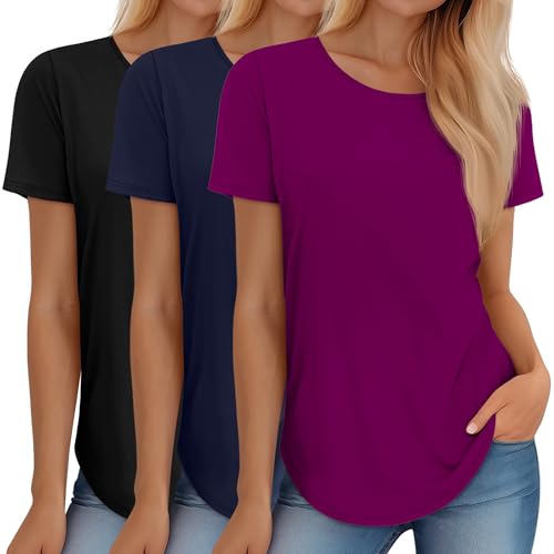 Huukeay 3 Pack Women's Short Sleeve Shirts Basic Cotton Summer Tunic Tops Knitted Round Neck Loose Fit Casual T Shirt - Main Image