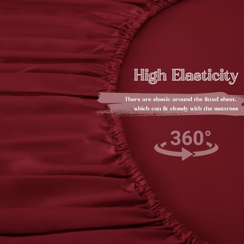 Image of Homiest 3-Pieces Ruffle Pillow Case & Fitted Sheet Set, Burgundy King Sheets with 2 Ruffled Pillow Shams, 15 Inch Deep Pocket, Cute & Coquette Microfiber Bed Set for Decorating Bedroom Hotel