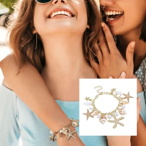 Image of Sichumaria Sea Shell Starfish Bracelets,Bohemian Sea Themed Beach Jewelry Adjustable Gold-Tone Wrist Chain Mermaid Starfish Bracelet for Women and Girls
