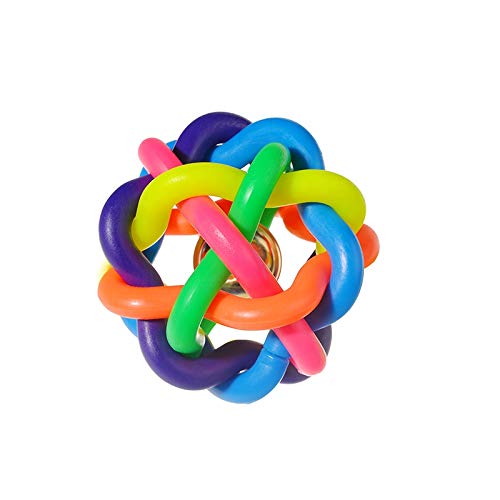 PoochBoxCat Chew Knot Ball Woven Braided Rainbow Bouncy Rubber Toy with Jingle Bell Inside for Pet Training and Teeth Cleaning (Medium)
