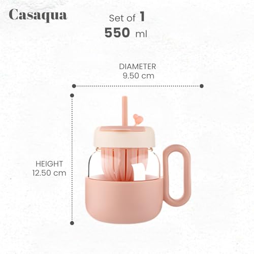 Image of Glass Tea Infuser Mug with Straw & Handle - 550ml, Set of 1, Cute Heart Design Cup, Drinking Glass for Iced Coffee, Matcha, Milk, Juice, Smoothies & Water, Reusable Travel Mug (Random Color)
