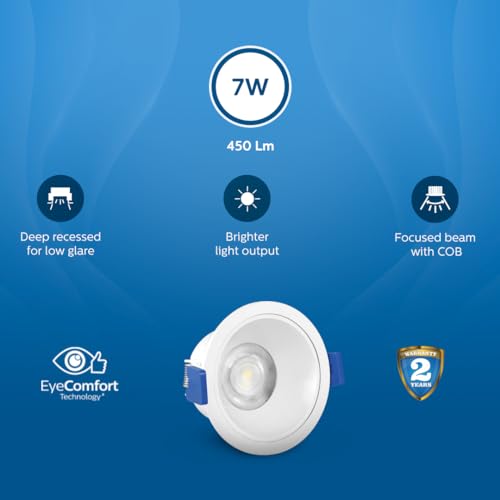 Image of PHILIPS 7 Watt White Reflector LED Ceiling COB Round Spot Light with Focused Beam | Cut Out: 75mm | Warm White, Pack of 24 (Deco Bright)