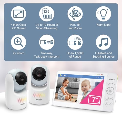 Image of VTech Baby Monitor No WiFi, 2 Cameras, 7 inch Split IPS Screen, 5000mAh 12Hr Battery, 360 Pan Tilt Zoom, Night Vision, Night Light| Advanced Max Twin Blue
