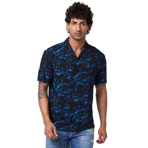 Image of Spykar Men's Relaxed Fit Cuban Collar Half Sleeve Printed Casual Shirts