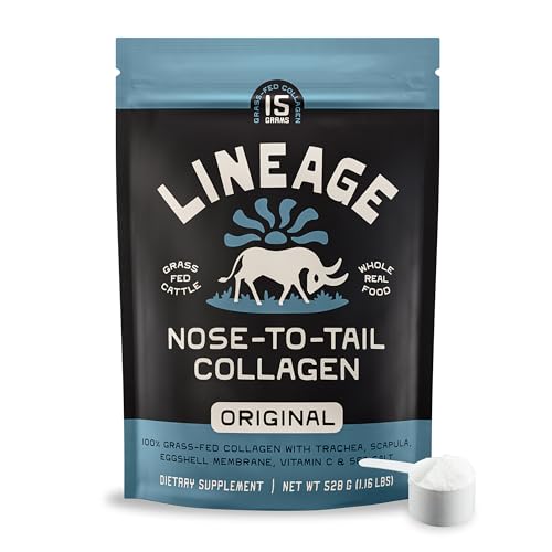 Lineage Provisions 100% Grass Fed Collagen Powder UNFLAVORED Hydrolyzed Bovine Collagen Peptides with Trachea Scapula Eggshell Membrane Collagen Protein Powder with Vitamin C 30 Servings