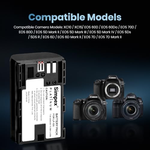Image of Simpex LP-E6 Rechargeable Camera Battery 6300mAh Lithium-ion Replacement Battery Compatible with Canon EOS XC10, XC15, 60D, 70D, 80D, 5D Mark II /III /IV, 5DS, 5DS R, 6D, 6D Mark II & 7D Series(Black)