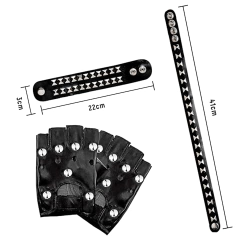 4-teiliges Rocker Kostüm Accessoire Set, Punk Nietenarmband Handschuhe und Halsband Schwarz Gothic Set Nietenarmband und Halsband für Karneval und Mottoparty