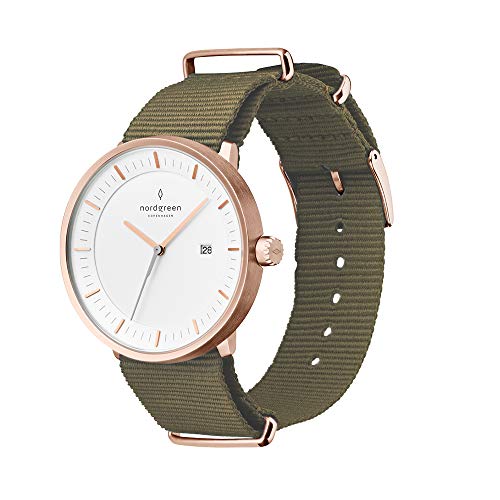 [Nordgreen] ノードグリーン Philosopher 北欧デザイン腕時計 北欧デザインのローズ ゴールド ミニマルな36mm 腕時計 グリーン ナイロン ストラップ
