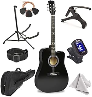 Master-play Beginner Full Size 41” Wood Cutaway All String Acoustic Guitar, With Bonus Accessories Kit; Case, Strap, Capo, Extra Strings, Picks, Tuner, Wash Cloth, Stand (Black)