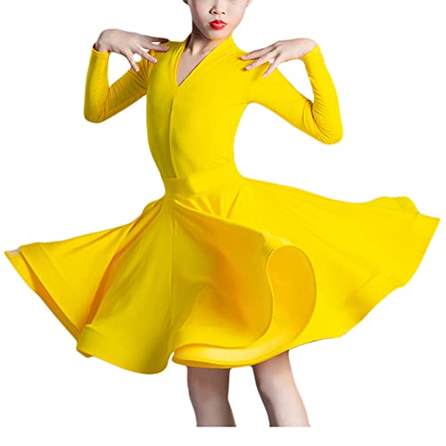 Libaobaoyo Girls Ballroom Dance Dress Long Sleeve 2 Piece Bodysuit Skirt Latin Tango Performance Outfits 4-16 Y Yellow