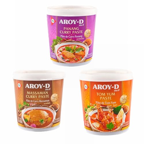YIJIA | PACK 3x400gr Salsa Curry en pasta Tailandés (Massaman, Panang, Tom yum) - Aroy-D Salsa Curry de Tailandia Original