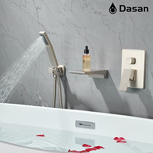 Dasan Waterfall Tub Filler Faucet Wall Mount With Hand Shower, Modern Wall Mounted Bathtub Faucet Brushed Nickel Tub Faucet With High Flow Rough In Valve, Sa-Tf01Wh-Bn #TOP5