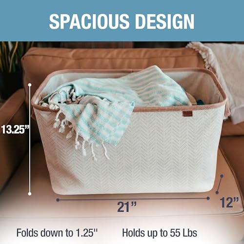 Image of CleverMade Collapsible Laundry Basket LUXE 2 Pack - 60 L (16 Gal) Foldable Cotton Blend Clothes Hamper with Vegan Leather Accents, Reinforced Handles, Space Saving Laundry Bin Holds 55 lbs - Cream