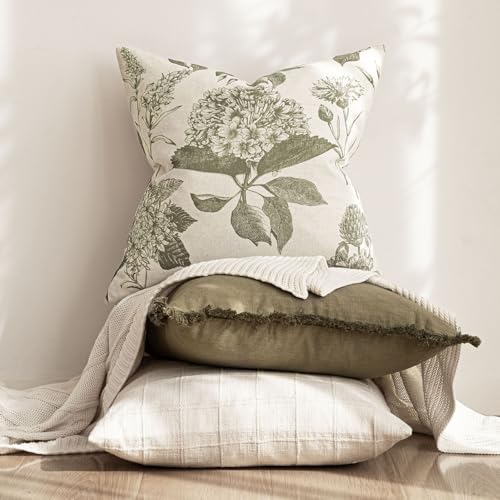 Image of Foindtower Set of 2 Linen Floral Vintage Throw Pillow Covers Neutral Accent Print Decorative Cushion Covers Farmhouse Home Decor for Sofa Chair Couch Bedroom Living Room,18x18 Inch,Sage Green
