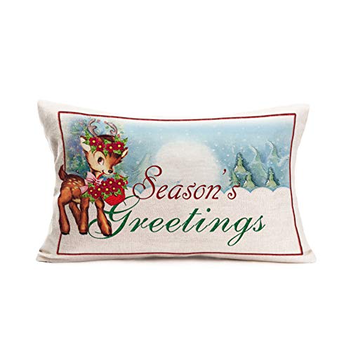 Xihomeli Season’s Greetings Theme Throw Pillow Cushion Cover With Reindeer Wear Flower Wreath Pattern Pillow Case Cotton Linen Winter Decoration Lumbar Pillow Cover 12X20 Inch (Season's Greeting) #TOP13