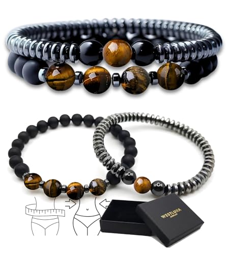 WestLuna Magnetic Healing Bracelet Set Adjustable Magnetic Hematite Bracelets for Women Men Slimming Crystal Chakra Energy Beaded Bracelet Gift(Tigers Eye Medium)