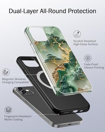 Image of Goodon for iPhone 12 Mini Case Cute - Wireless Charging Compatible - Dual-Layer Hard Shell + Silicone Cover - Protective Phone Case with Trendy Designs for Women - Gold Inlaid Jade Carving