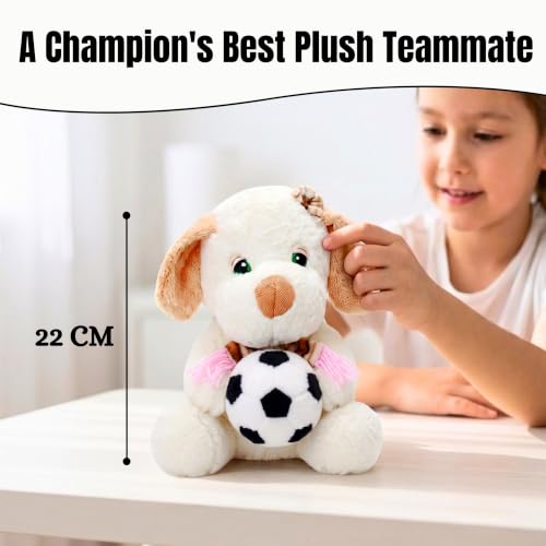 Image of Tickles Muffler Dog with Football Soft Stuffed Plush Animal Sports Theme Toy for Kids Boys & Girls Birthday Gifts (Size: 22 cm Color: White)