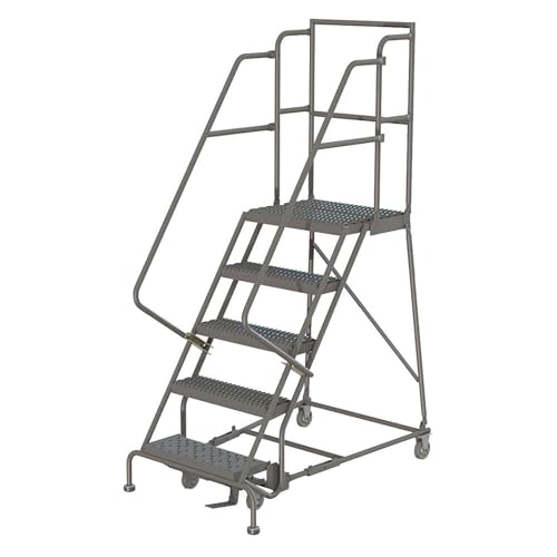 Image of Tri-Arc KDSR105242-D2 5-Step 20 inch Deep Top Steel Rolling Industrial & Warehouse Ladder with Handrails, 24 inch Wide Grip Strut Tread