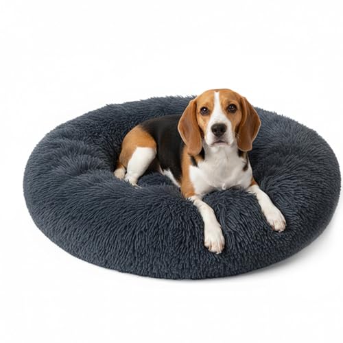 Donut Pet Bed for Medium Size Dog, Round Calming Soft Cat Cuddler,Anti Anxiety Cozy Soft Sofa,Fluffy Faux Fur Plush Cushion-31''-Dark Grey