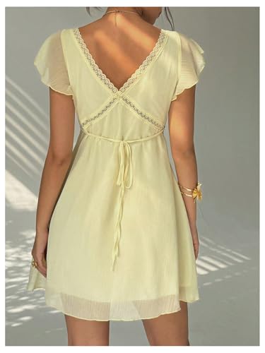 Women's Elegant Lace V Neck A Line Dresses Ruffle Sleeve Tie Back Short Dress3
