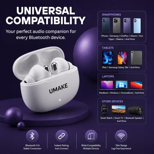 Image of Umake True Wireless Earbuds Bluetooth 5.4, Deep Bass Stereo Sound, ENC Noise Reduction Mic, Touch Controls, Fast Charging Case, IPX5 Water Resistant, TWS Earbuds for Android - White