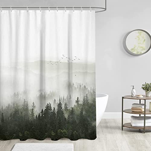 Aatter Misty Forest Shower Curtain Nature Pine Tree Mountain Woodland Landscape Foggy Plants Smokey Green Pine Tree Woodland Scenery Bathroom Accessories (W60''Xh72'') 12 Hooks Included #TOP1